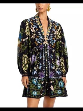 Farm Rio Black Winter Garden Mini Dress Long Sleeves M